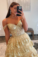 Princess Off the Shoulder Sequined Lace Prom Dress