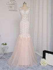 Prom Dresses Mermaid See Through Tulle Appliques Lace Long Prom Gown