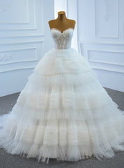 Prom Season White Ball Gown Tulle Sweetheart Pleats Tiers Wedding Dress