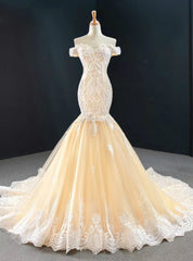 Purchase Your Favorite Champagne Mermaid Tulle Appliques Beading Off the Shoulder Prom Dress