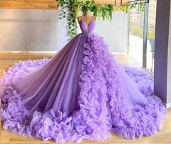 Purple A-line V Neck Tulle Ball Gown Purple Princess Dress