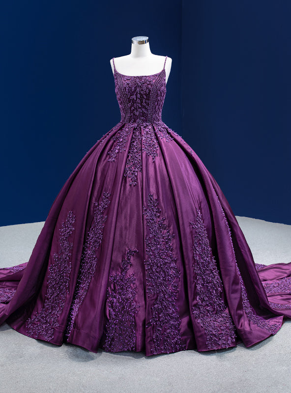 Purple Ball Gown Satin Appliques Pearls Prom Dress