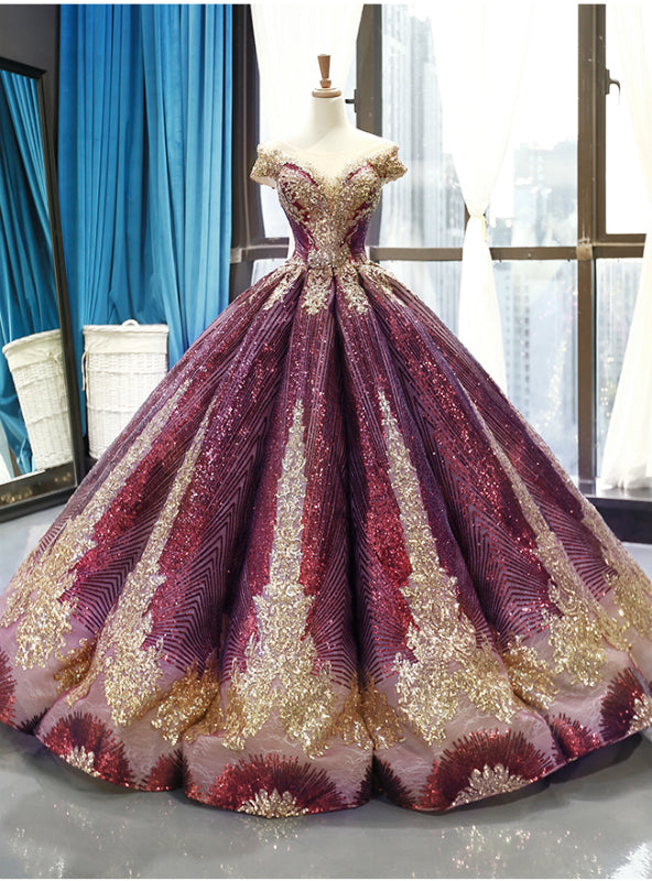 Purple Ball Gown Sequins Bateau Cap Sleeve Backless Haute Couture Prom Dress