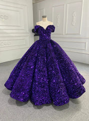 Purple Ball Gown Sequins Off the Shoulder Prom Dresses