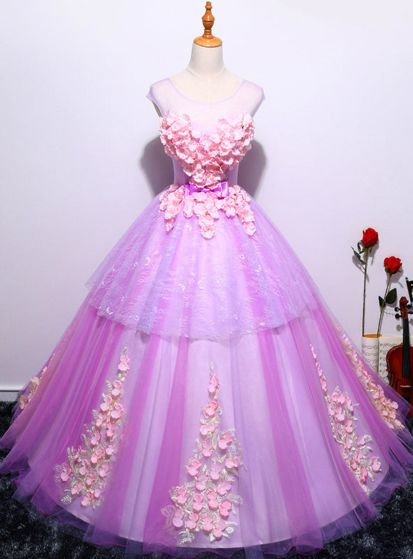 Purple Ball Gown Tulle Appliques Quinceanera Dresses