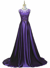 Purple Long Round Neckline Prom Dress, Satin Wedding Party Dress