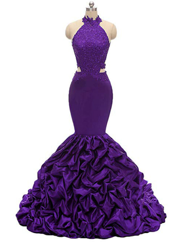 Purple Mermaid Satin Halter Appliques Beading Prom Dress