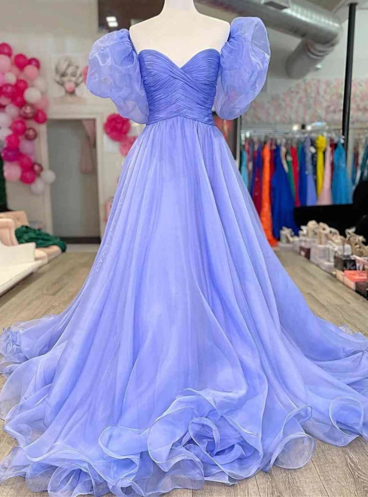 Purple Organza Puff Sleeve Pleats Prom Dress