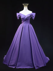 Purple Satin Off the Shoulder Pleats Prom Dress