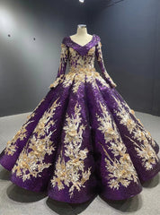 Purple Sequins Long Sleeve Appliques Prom Dress