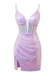 Purple Sheath Sequins Spaghetti Straps Homecoming Dress