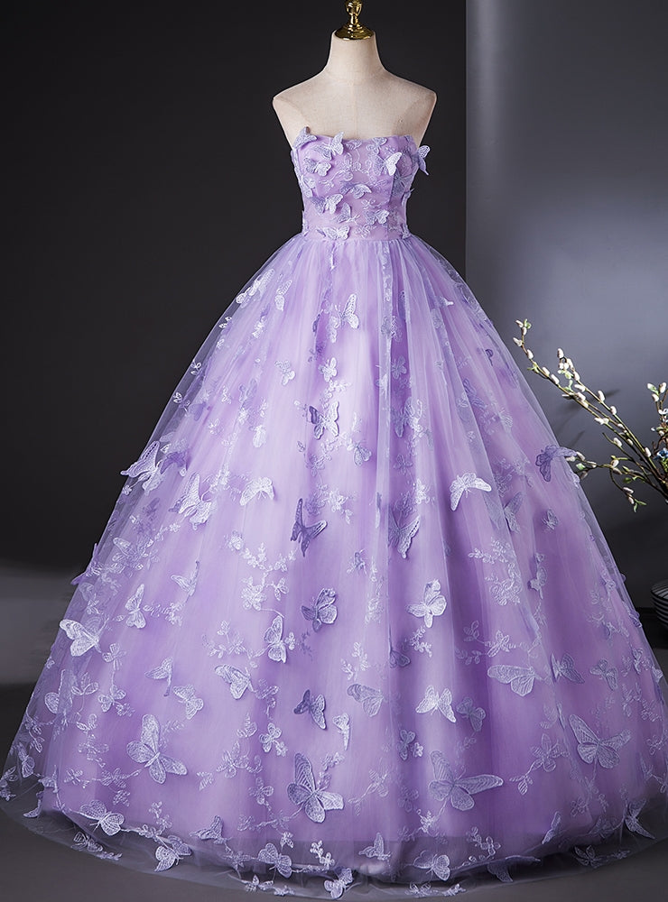 Purple Tulle Butterfly Strapless Quinceanera Dress