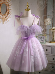 Purple Tulle Lace Straps Homecoming Dress