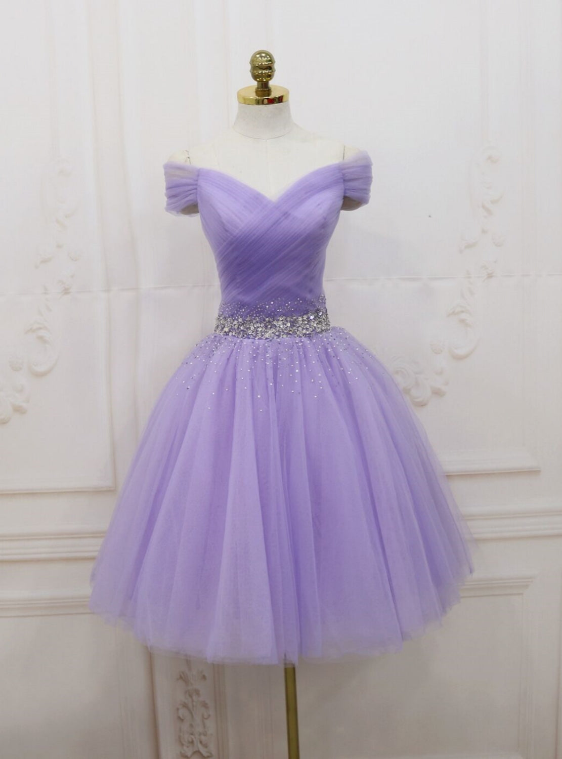 Purple Tulle Off the Shoulder Pleats Beading Homecoming Dress