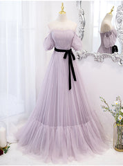 Purple Tulle Off the Shoulder Puff Sleeve Pleats Prom Dress