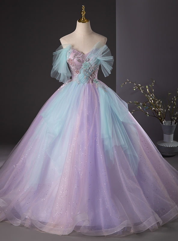 Purple Tulle Sequins Appliques Off the Shoulder Quinceanera Dress