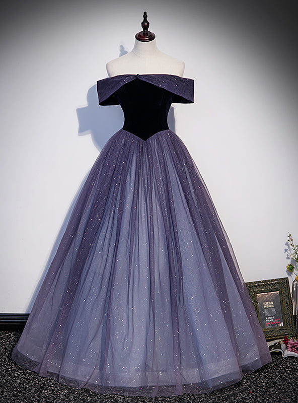 Purple Tulle Sequins Off the Shoulder Prom Dress