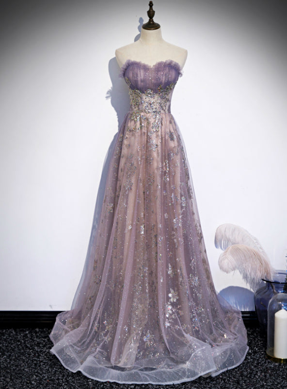 Purple Tulle Sequins Sweetheart Pleats Prom Dress