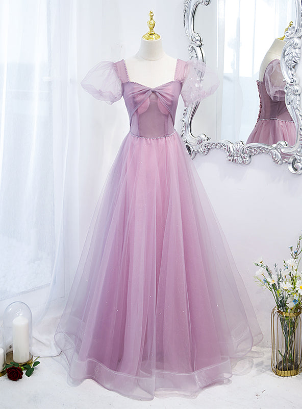 Purple Tulle Square Puff Sleeve Prom Dress