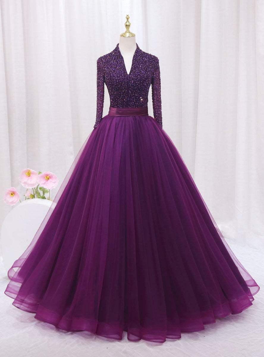 Purple Tulle V-neck Long Sleeve Backless Beading Prom Dress