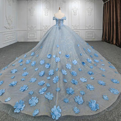 Quinceanera Blue  Off-the-Shoulder  Ball Gown Flower Dress