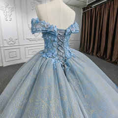 Quinceanera Blue  Off-the-Shoulder  Ball Gown Flower Dress