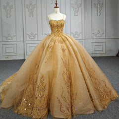 Quinceanera Dress Gold Beading Formal Long Evening Dress Spaghetti Straps Ball Gown