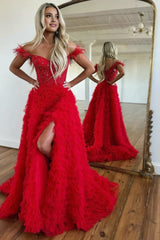 Red A Line Sweetheart Tiered Tulle Long Prom Dress With Slit