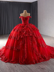 Red Ball Gown Lace Tiers Prom Dress