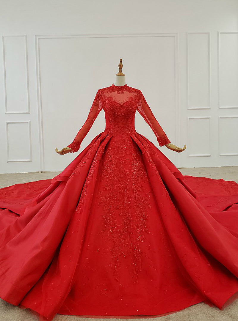 Red Ball Gown Satin High Neck Long Sleeve Sequins Wedding Dress With Long Train