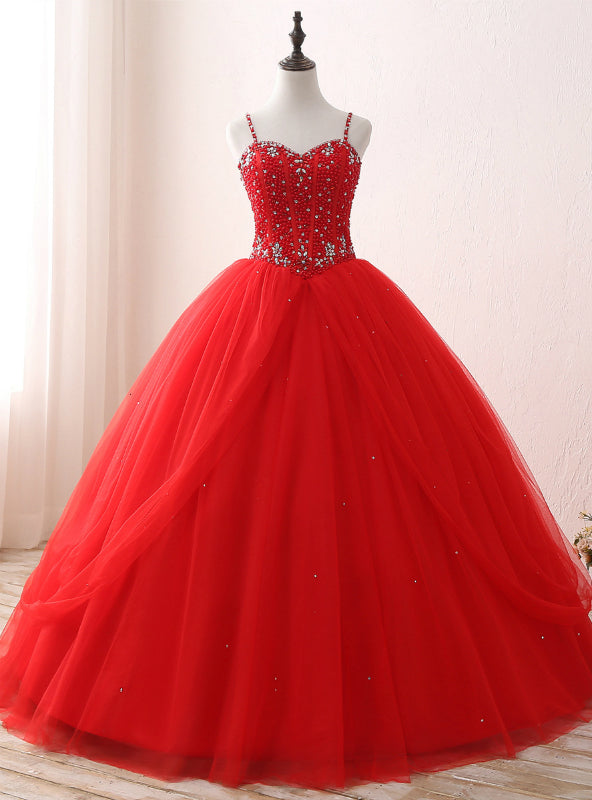 Red Ball Gown Spaghetti Straps Tulle Sweet 16 Dresses With Beading