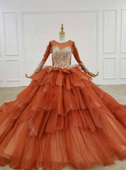 Red Ball Gown Tulle Beading Sequins Long Sleeve Wedding Dress