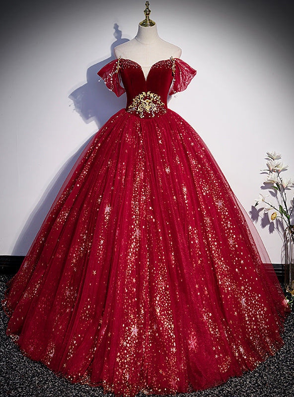 Red Ball Gown Tulle Sequins Beading Prom Dress