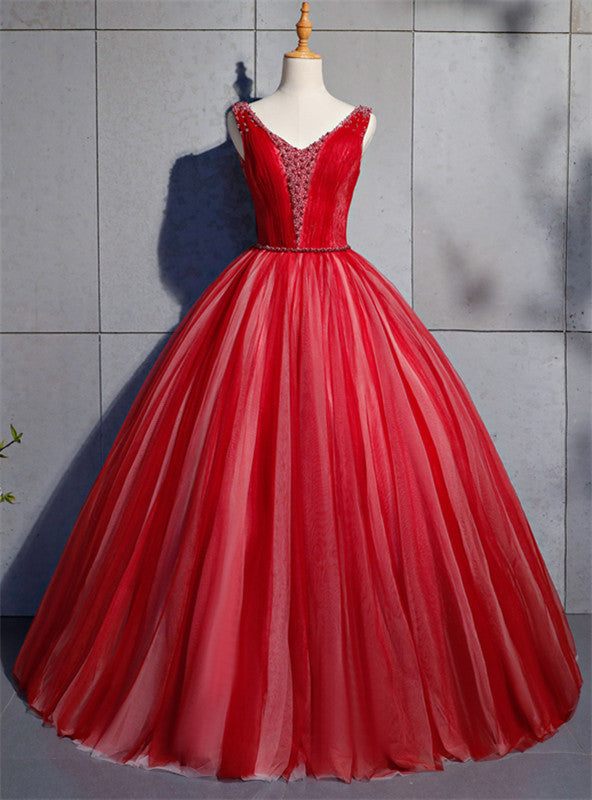 Red Ball Gown Tulle V-neck Pearls Quinceanera Dress