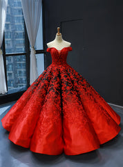 Red Black Ball Gown Satin Appliques Off the Shoulder Quinceanera Dresses