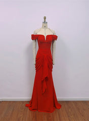 Red Chiffon Mermaid Off Shoulder Wedding Party Dresses, Red Long Formal Dresses