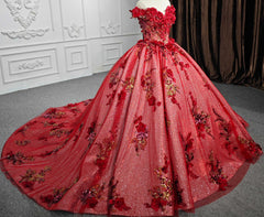 Red Flower  Off-the-Shoulder Quincea?era Dress