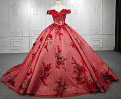 Red Flower  Off-the-Shoulder Quincea?era Dress