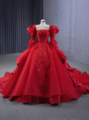 Red Long Sleeve Backless Appliques Prom Dress