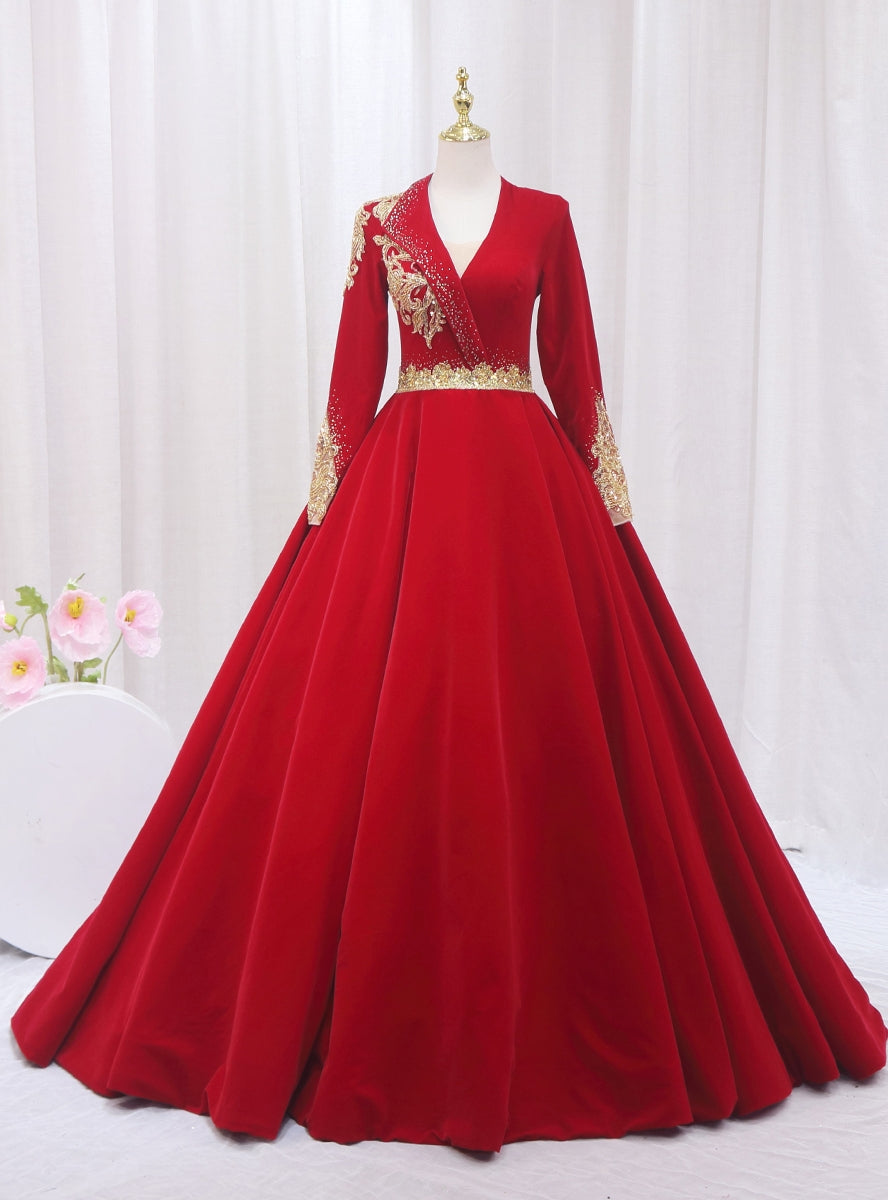 Red Long Sleeve V-neck Beading Prom Dress