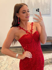 Red Mermaid Halter Lace Mermaid Long Prom Dress