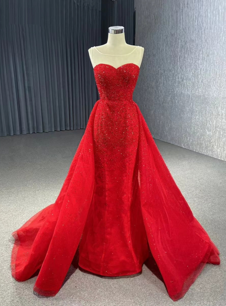 Red Mermaid Tulle Beading Sequins Prom Dress