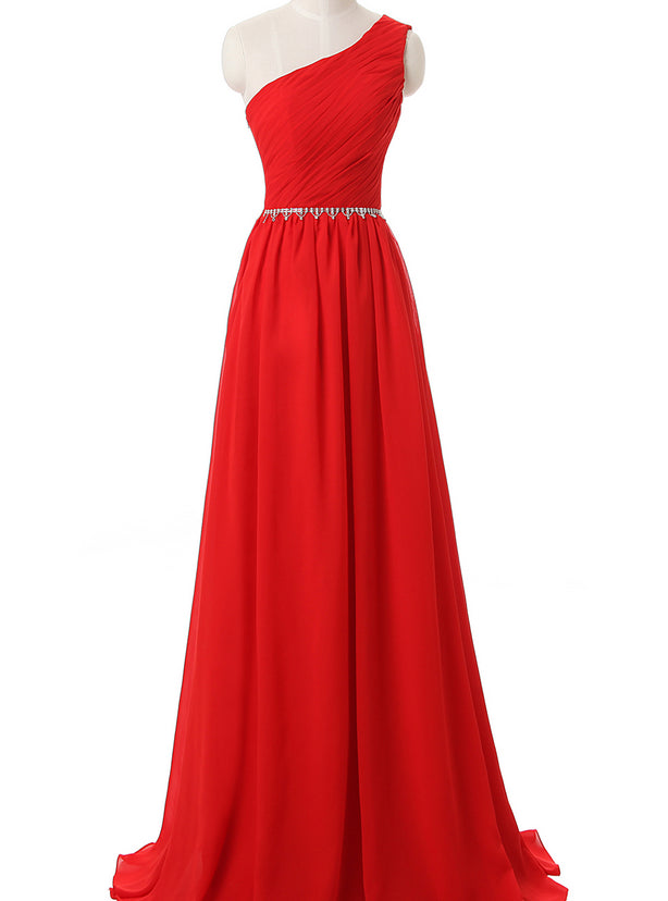 Red One Shoulder Chiffon Pleats Floor Length Prom Dresses