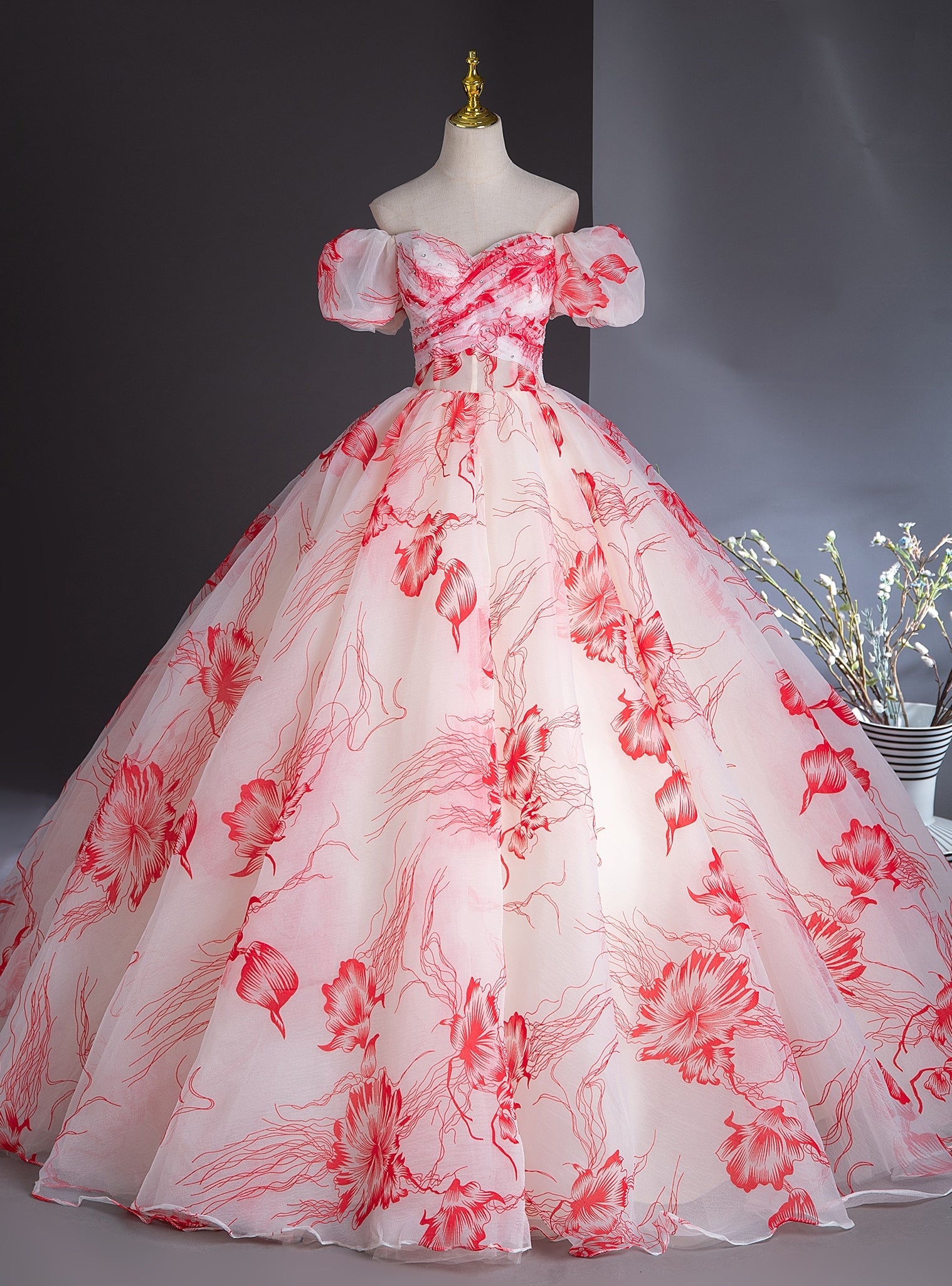 Red Print Puff Sleeve Off the Shoulder Quinceanera Dress