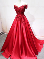 Red Saqtin Off the Shoulder Appliques Prom Dress