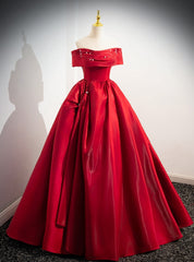 Red Satin Off the Shoulder Pleats Pearls Prom Dress