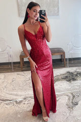 Red Sequin Plunge V Backless Mermaid Maxi Dress with Slit