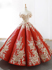 Red Sequins Ball Gown Appliques Off The Shoulder Wedding Dress