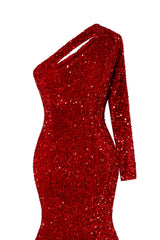 Red Sequins Mermaid Prom Dresses One Shoulder Evening Dresses Floor Length Wedding Party Gowns