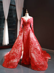 Red Tulle Lace Appliques Long Sleeve Prom Dress With Train